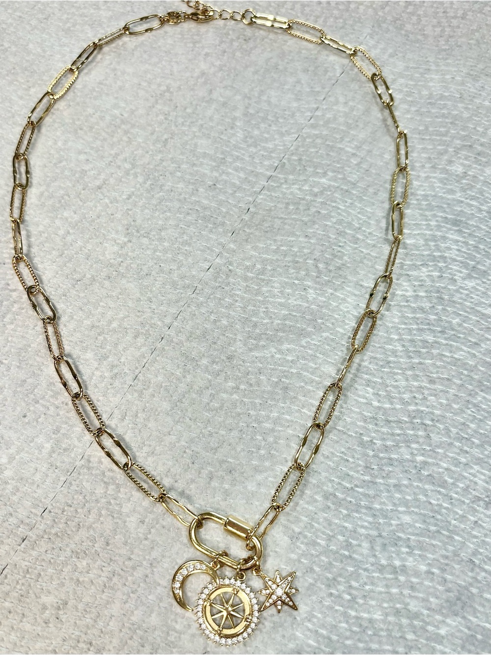 Gold and rhinestone paper clip necklace